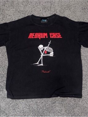 Black 'Redrum Case' Graphic Tee with Skeleton Motif